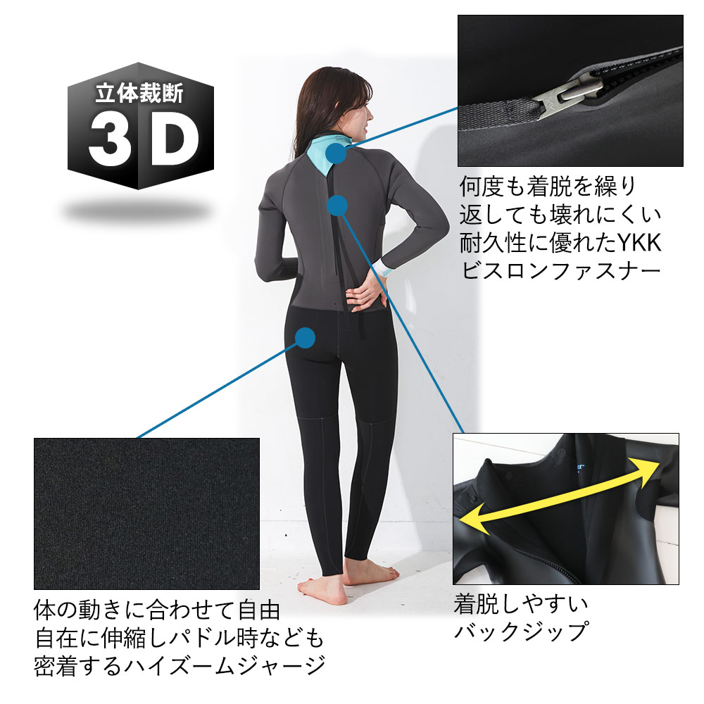 3/3セミドライ裏起毛 バックジップ レディースLBサイズ 3/3セミドライ