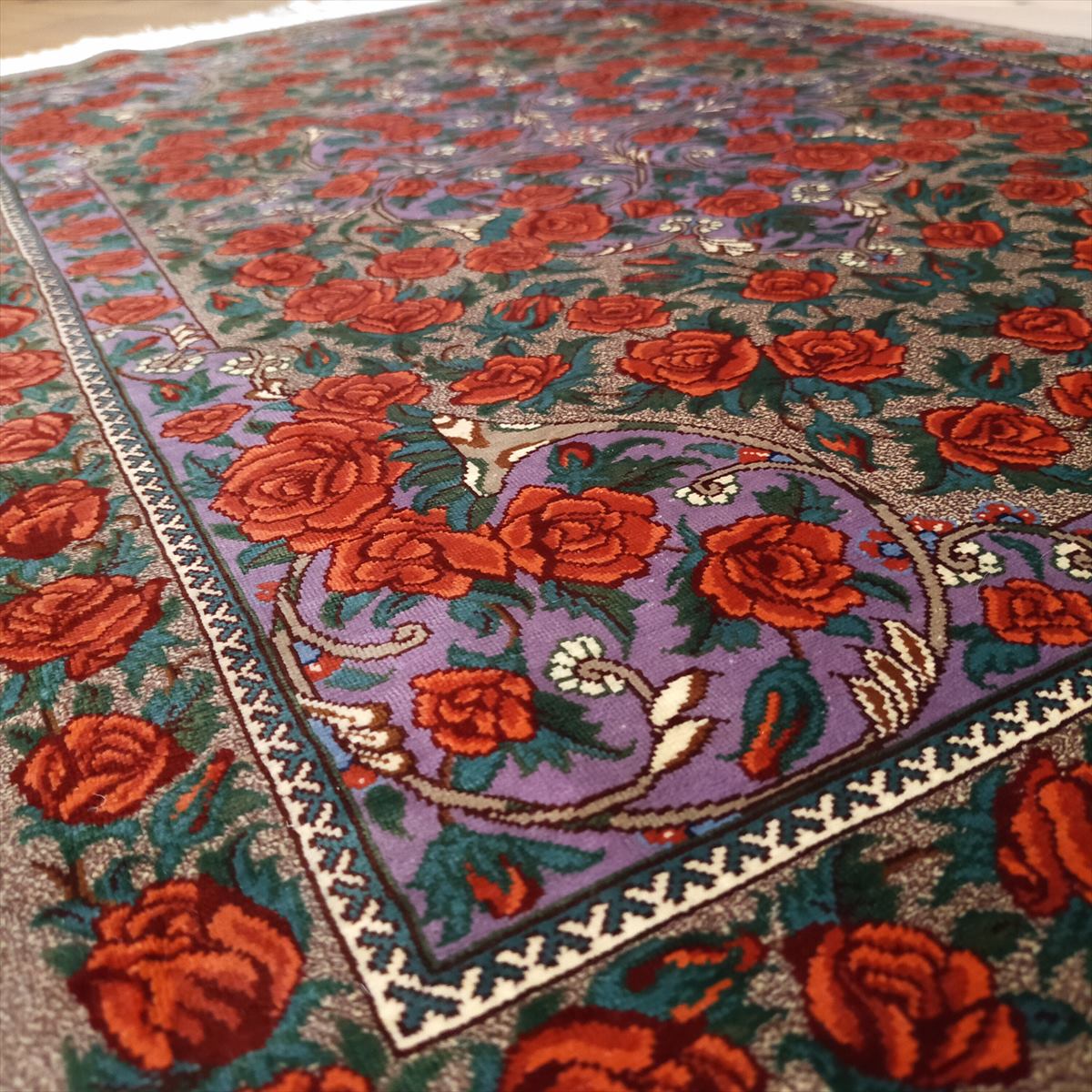 ペルシャ絨毯本物保証クム産100%手織り天然シルク花柄赤玄関マット84