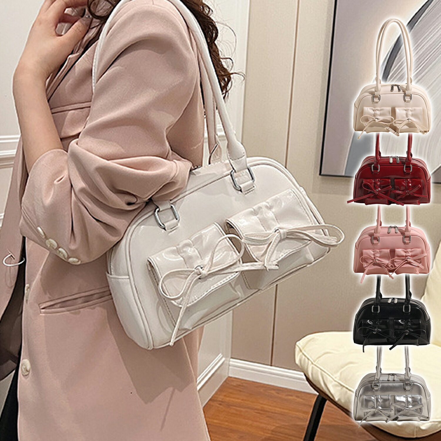 楽天市場】リボン付き エナメル ミニボストン ショルダー バッグ