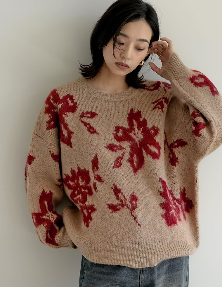 楽天市場】【SPECIAL FAIR】フラワー柄ジャガードクルーネックニット