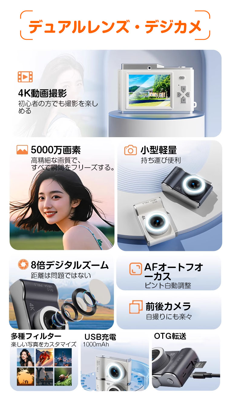 楽天市場】デジタルカメラ 自撮り 4k スマホ 転送 ビデオカメラ 高品質