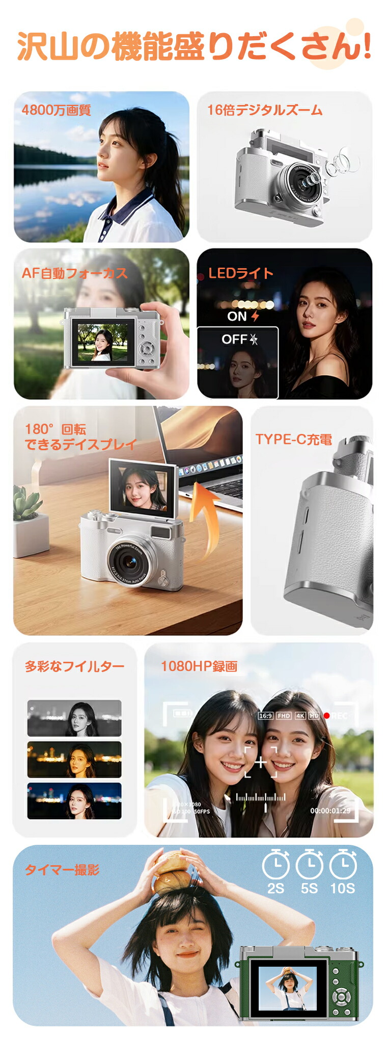 楽天市場】＼P15倍／【180回転レンズ・前後カメラ】デジタルカメラ 自