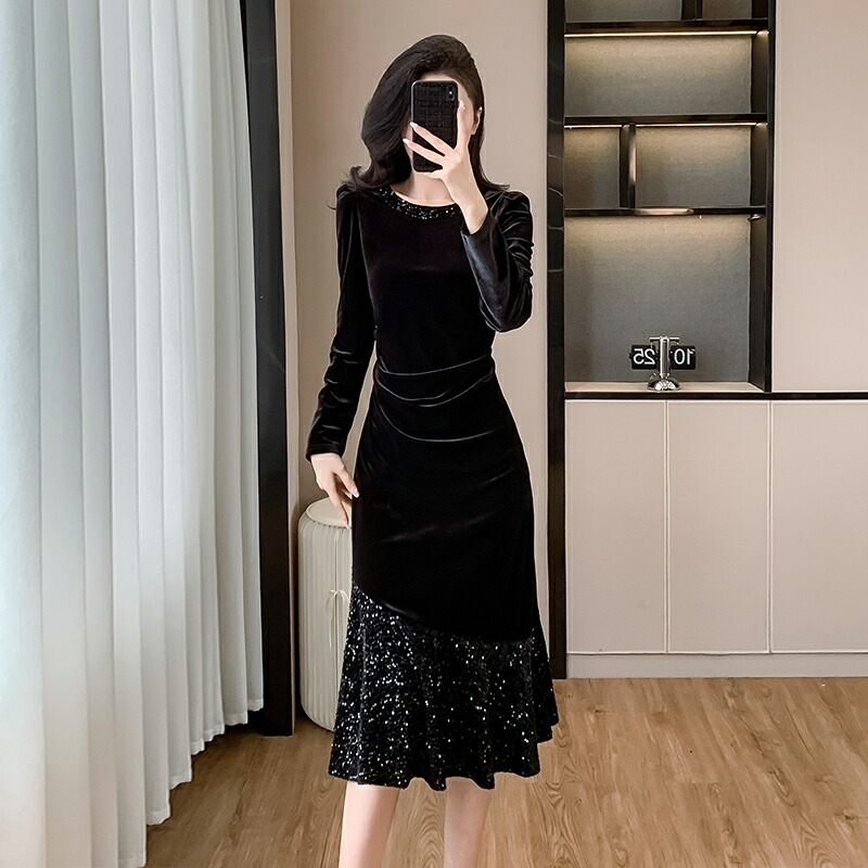 楽天市場】ベロアワンピース パーティードレス スパンコール