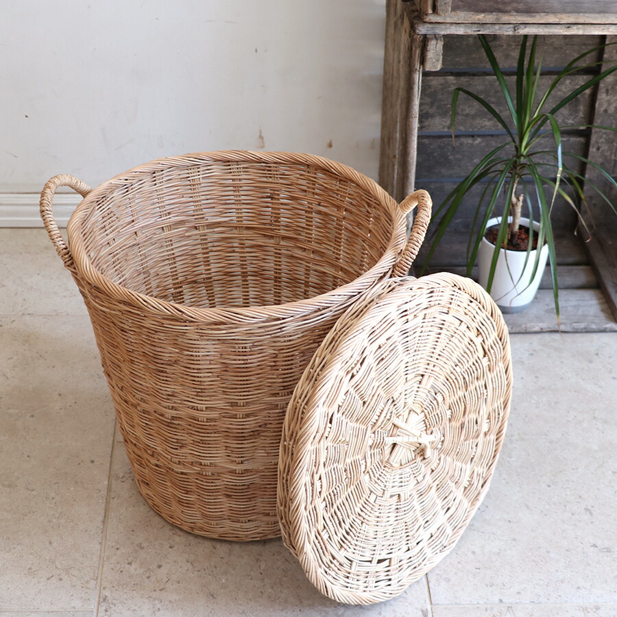 楽天市場】ランドリーバスケット 収納カゴ ラタン（籐）蓋つきラウンド