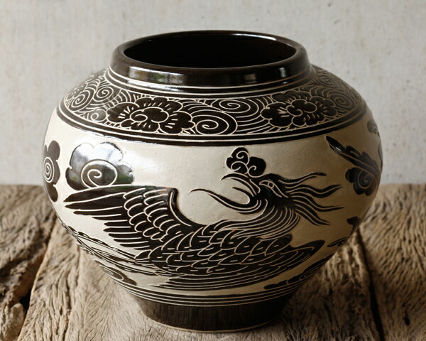 楽天市場】磁州窯の掻き落とし壺【鳳凰】（約）最大直径31×高さ25cm