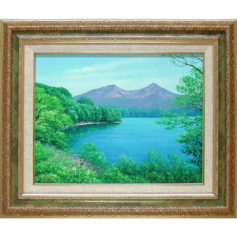 手書き油絵 手書き油絵 湖と渡り鳥 額付き インテリア 油彩画 湖と