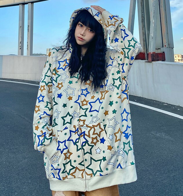 楽天市場】星柄 パーカー トレーナー 総柄 フーディー フード ポケット