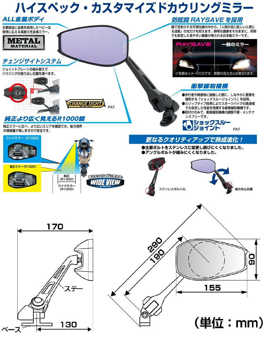 楽天市場】NC-003 カウリングミラー 13 レイセイブ鏡 ブラック 左右