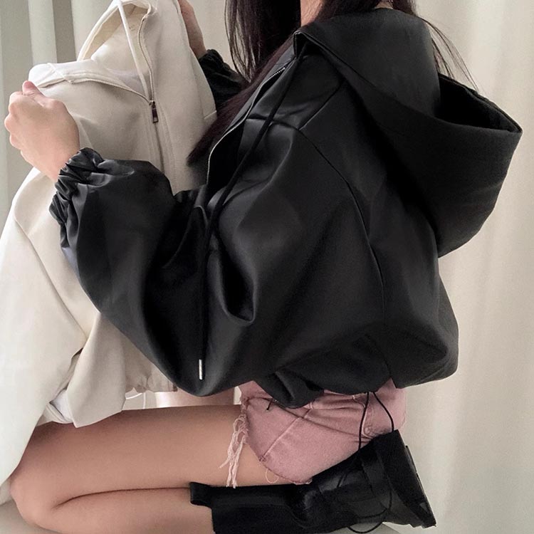 楽天市場】PUレザー ジャケット フード付き 裾絞り フェイクレザー