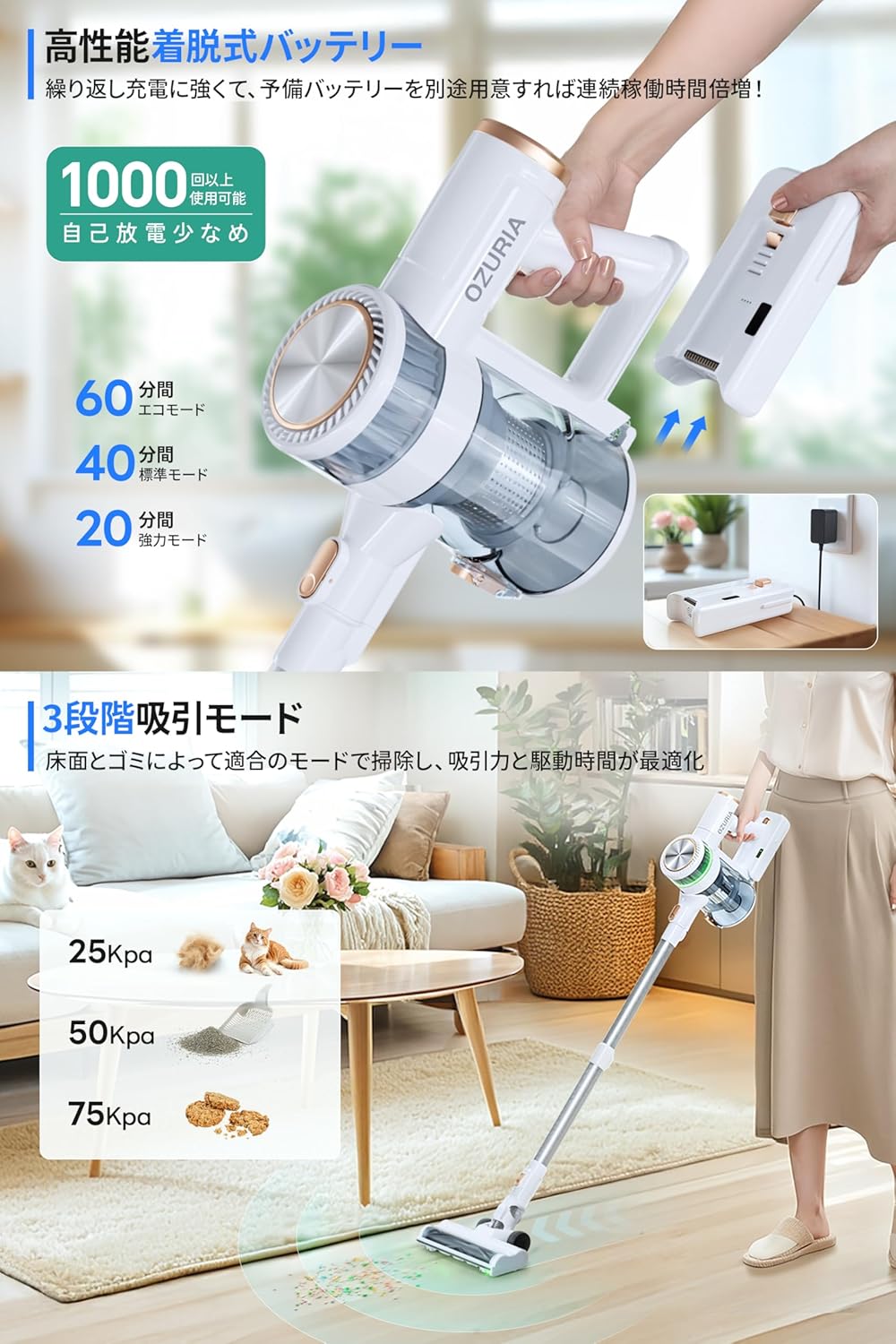 楽天市場】75KPaの圧倒的吸引力！掃除機 コードレス 75000pa 強力吸引