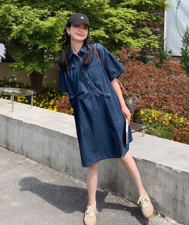 楽天市場】デニム シャツワンピース レディース 半袖 襟付き 前ボタン