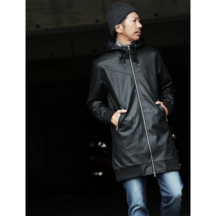 楽天市場】ブルゾン ロング丈 PUレザー ジャケット ハイネックフード