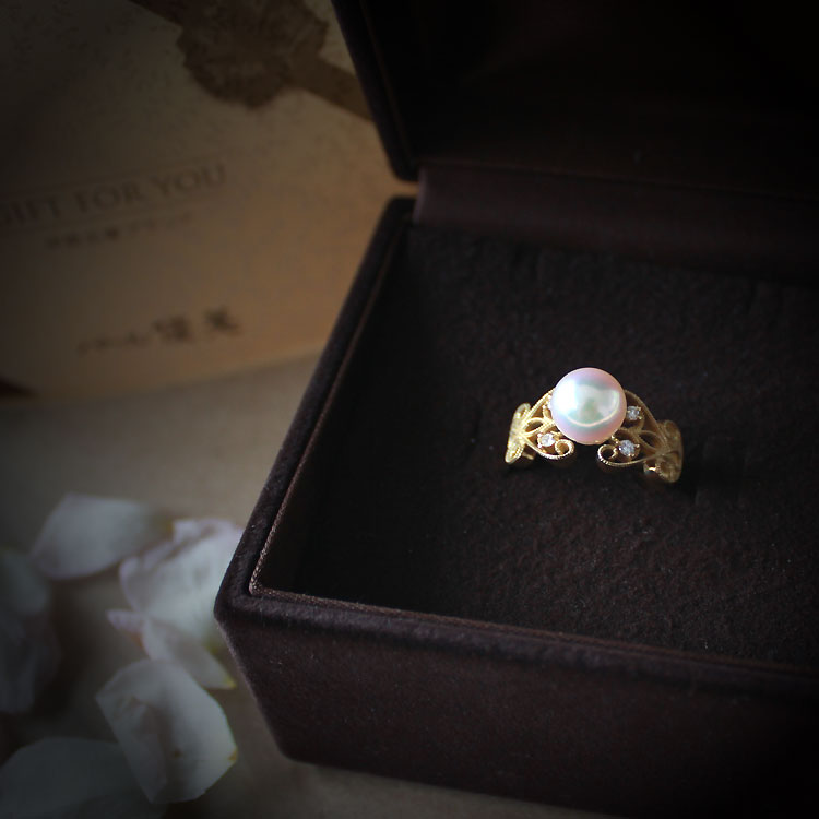 新品K18YGアコヤパール8mmフラワーリング指輪