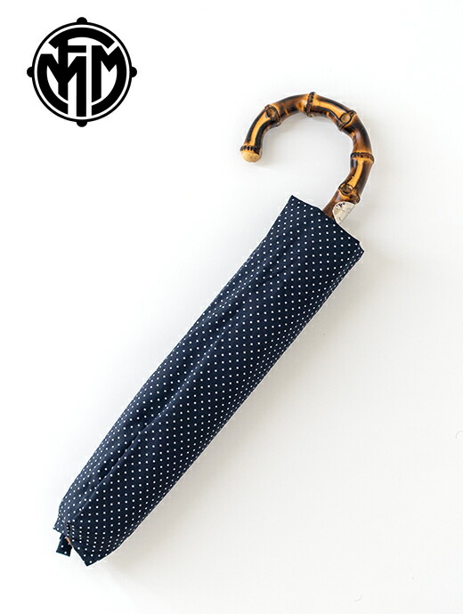 マリアフランチェスコ 長傘 ネイビー イエロードット柄 革巻きカーブ