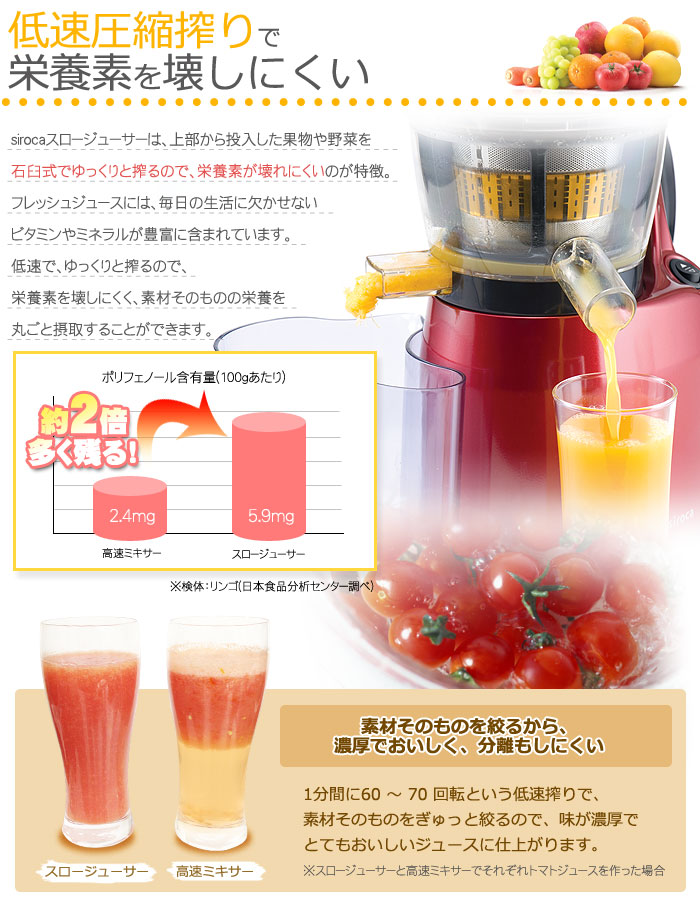 楽天市場】siroca シロカ スロージューサー SJ-S111 低速圧縮搾り 低速