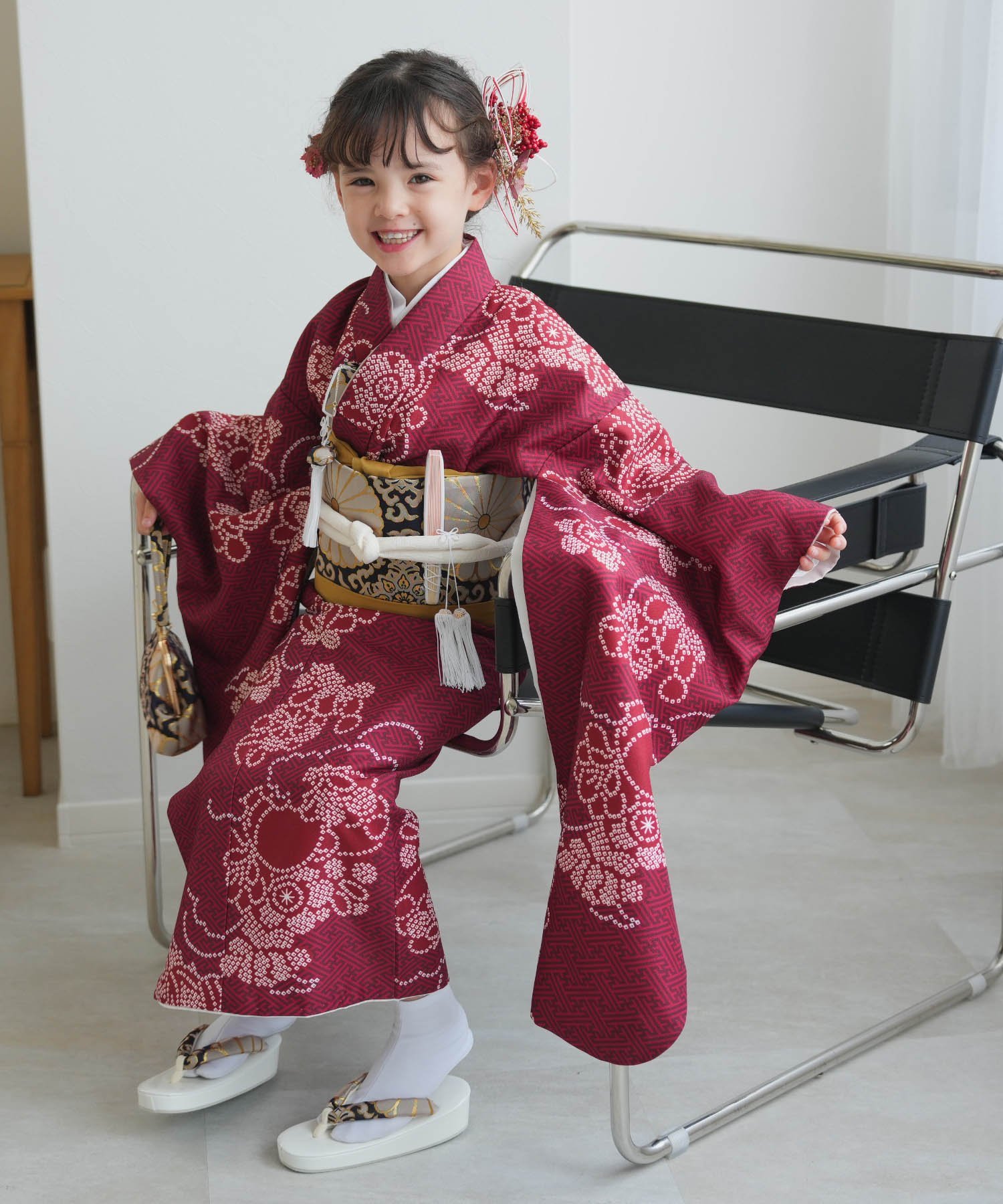 utatane｜ひよこ商店 七五三 着物 7歳 女の子 四つ身 えんじの絞り柄