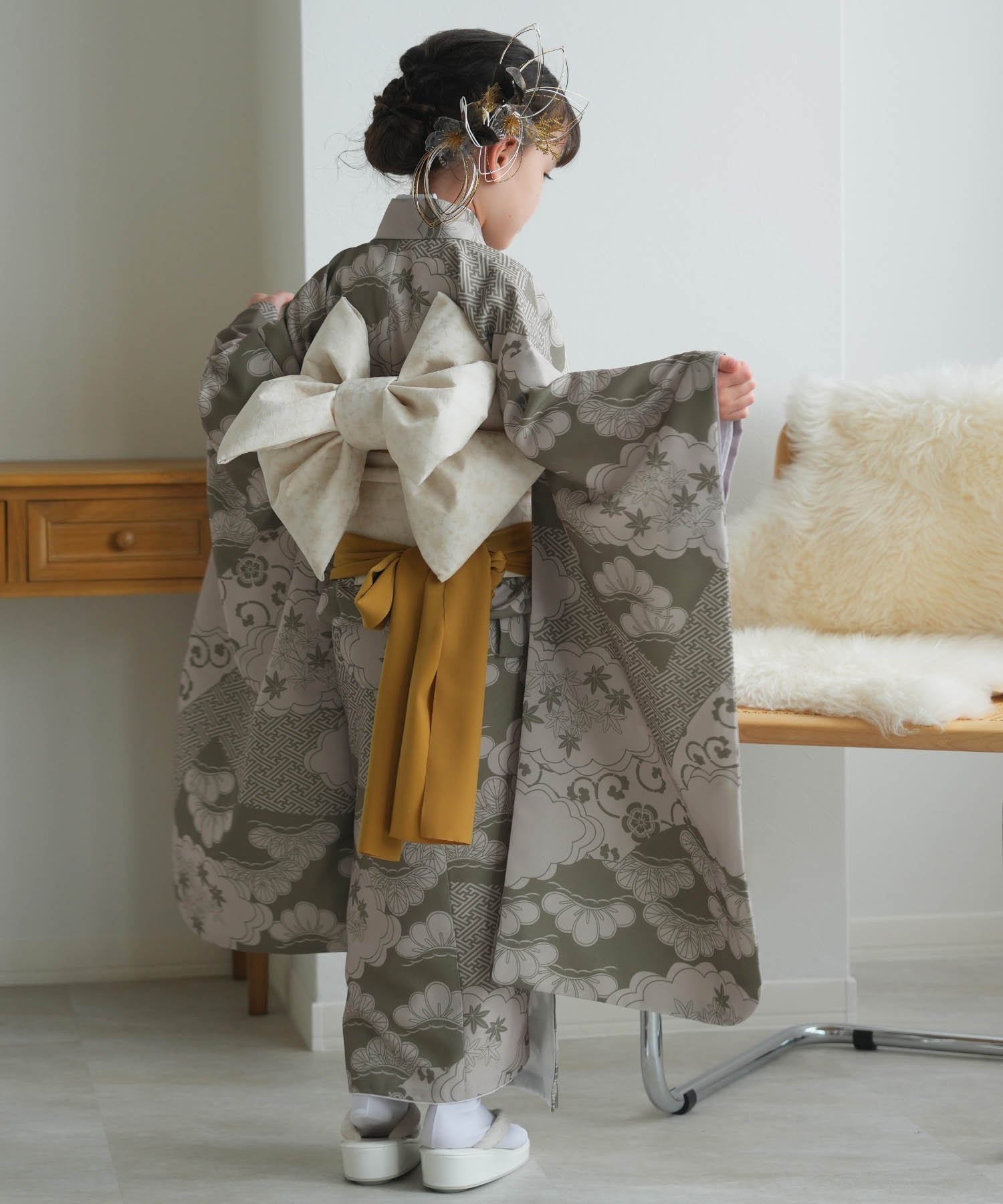 utatane｜ひよこ商店 七五三 着物 7歳 女の子 四つ身 モスグリーン松