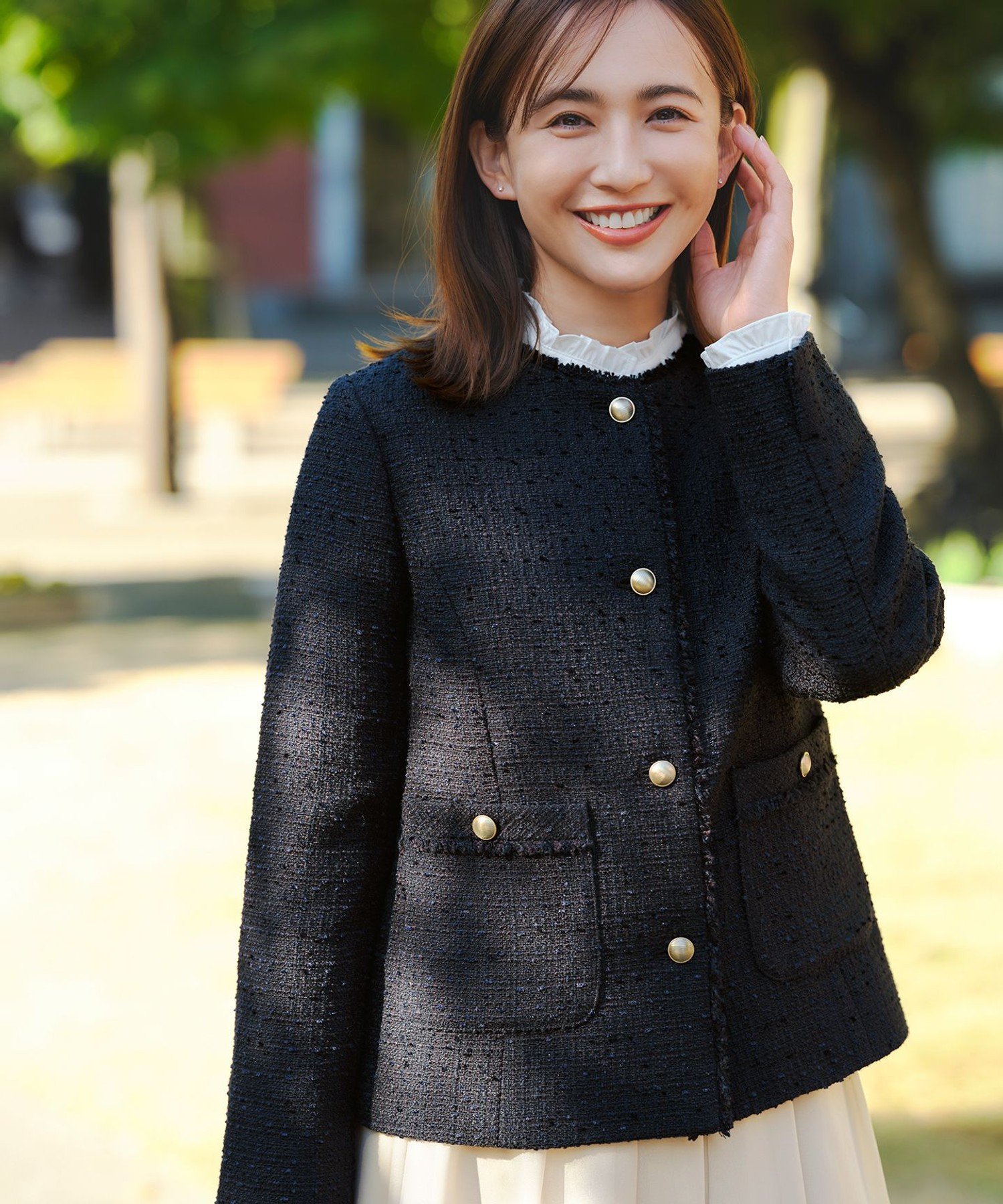 ANY SIS｜ノーカラーフリンジツイード ジャケット | Rakuten Fashion