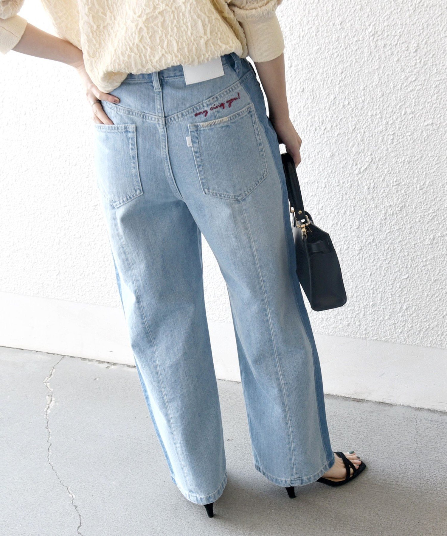 cathy サウスポープリント デニムパンツ HELLO.SANFRANCISCO】レースカットアウトワイドデニムパンツ