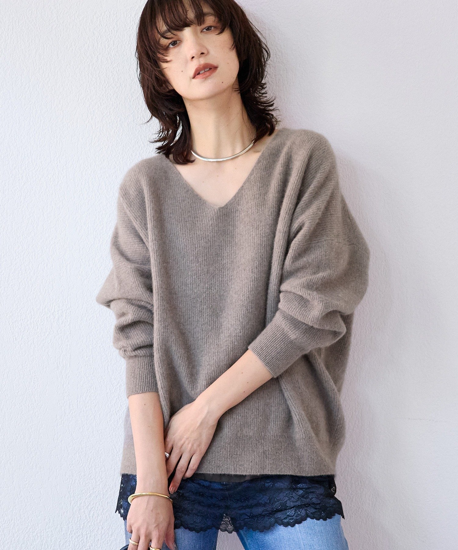 RIVE DROITE｜【抜け感シルエット】ヘアリーウール片畦Vネックニット