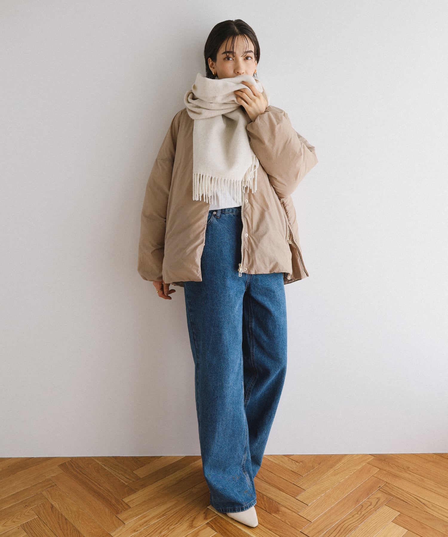 andme｜ノーカラー サイドジップ ダウンジャケット evernavy エバー