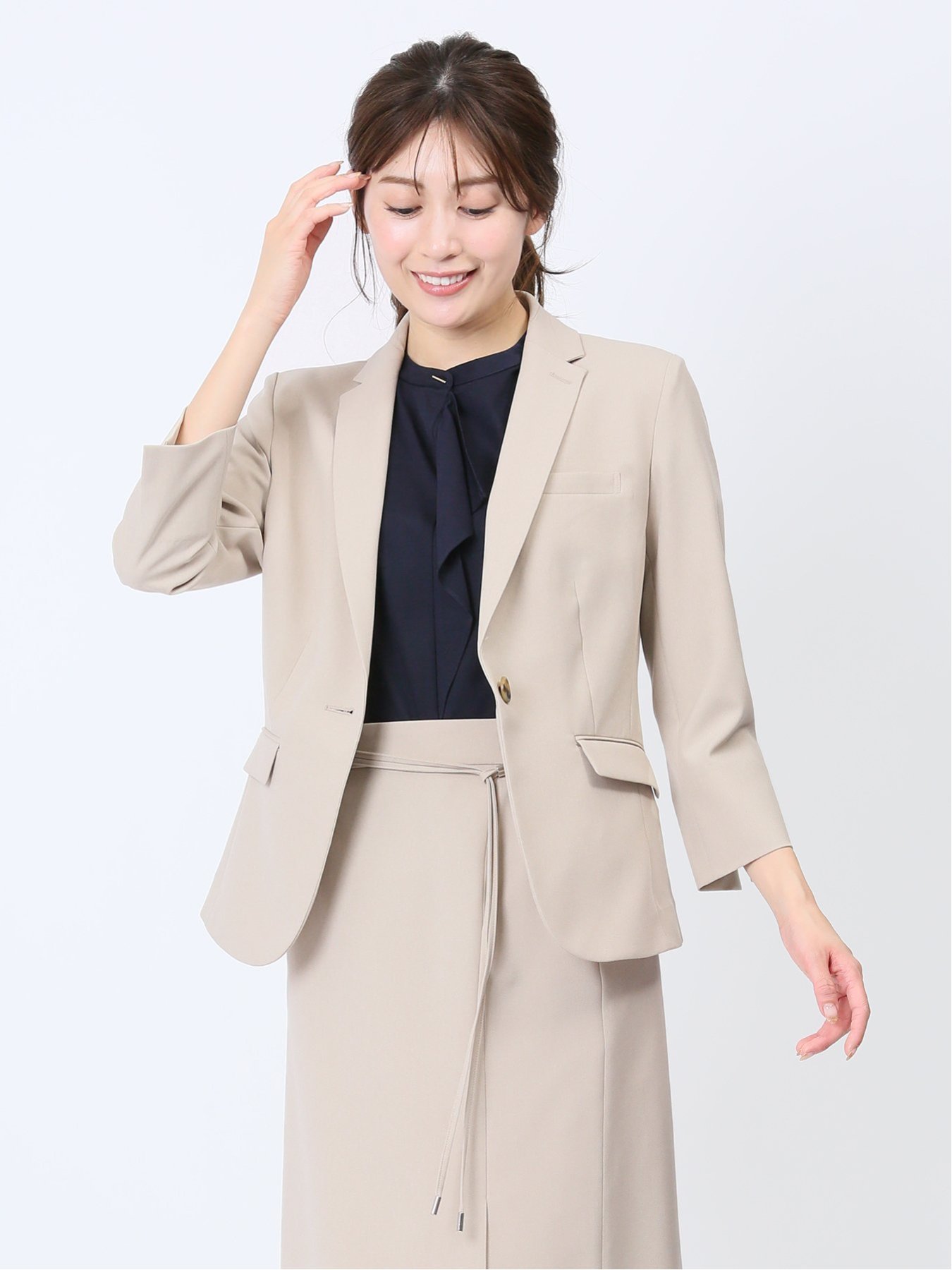 TAKA-Q｜綿麻ライク 1ボタン7分袖ジャケット ベージュ(セットアップ