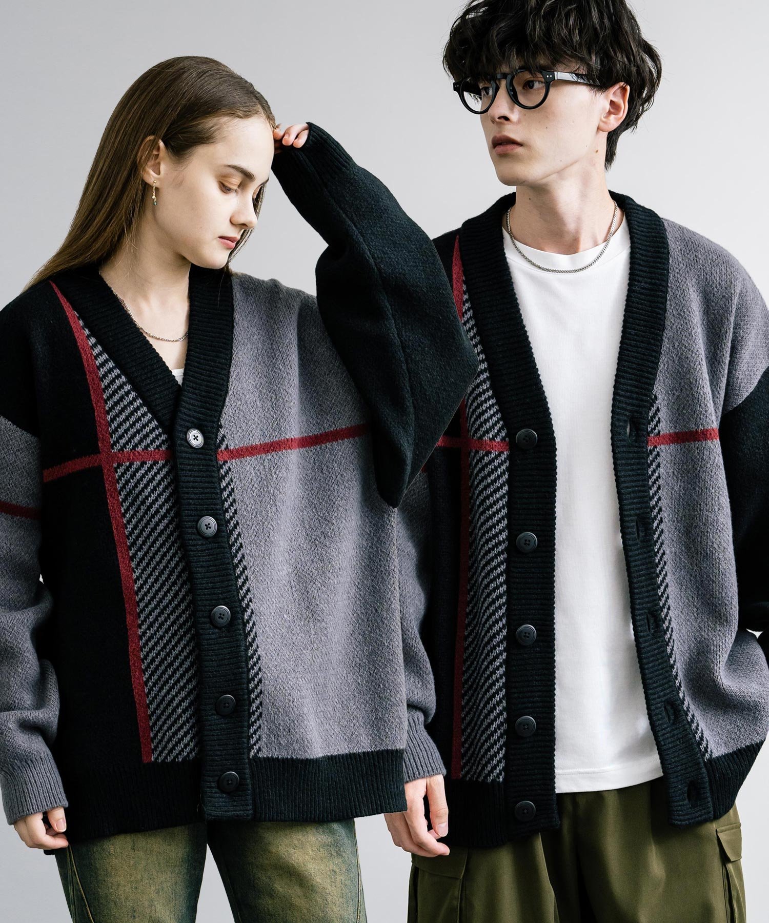 Rocky Monroe｜オーバーサイズ 7Gクロスチェック柄Vネックカーディガン