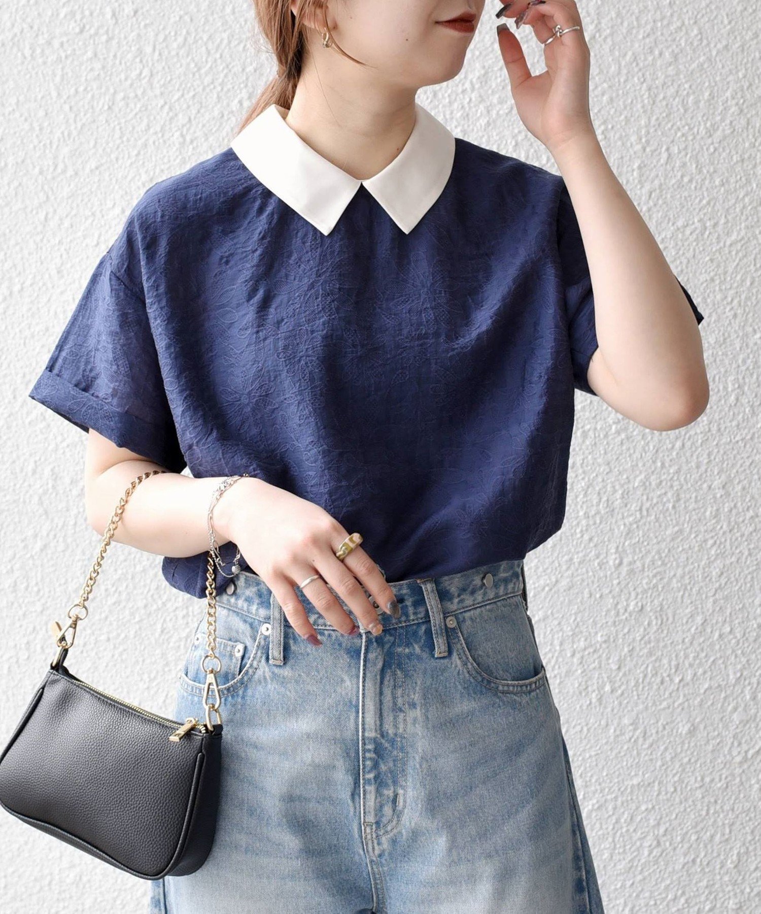 【美品】SHIPS any：フラワージャカードバイカラープルオーバーシャツ SHIPS any:〈洗濯機可能〉フラワー ジャカード バイカラー プル