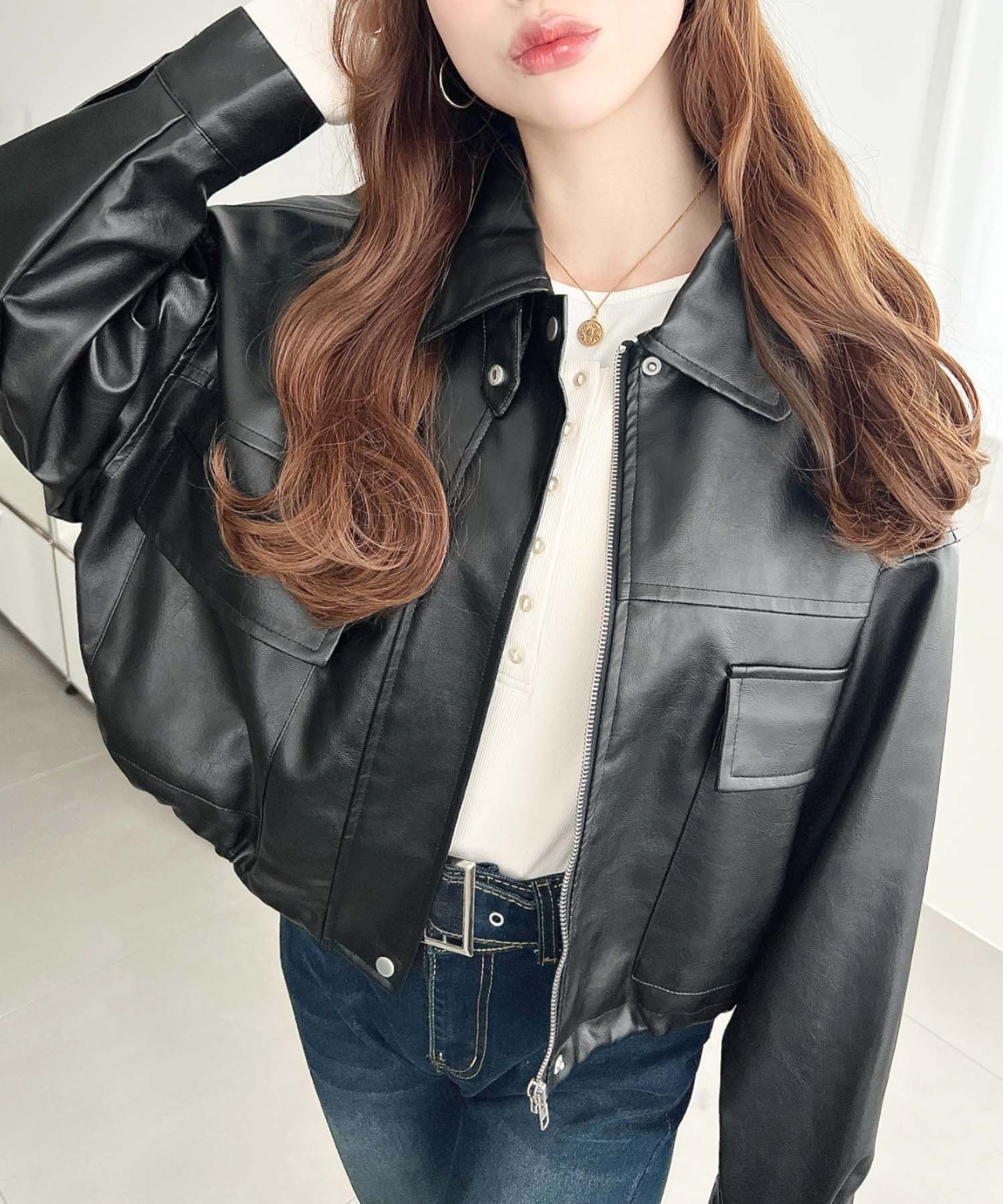 moment+｜2WAYカラーショート丈フェイクレザーブルゾン | Rakuten