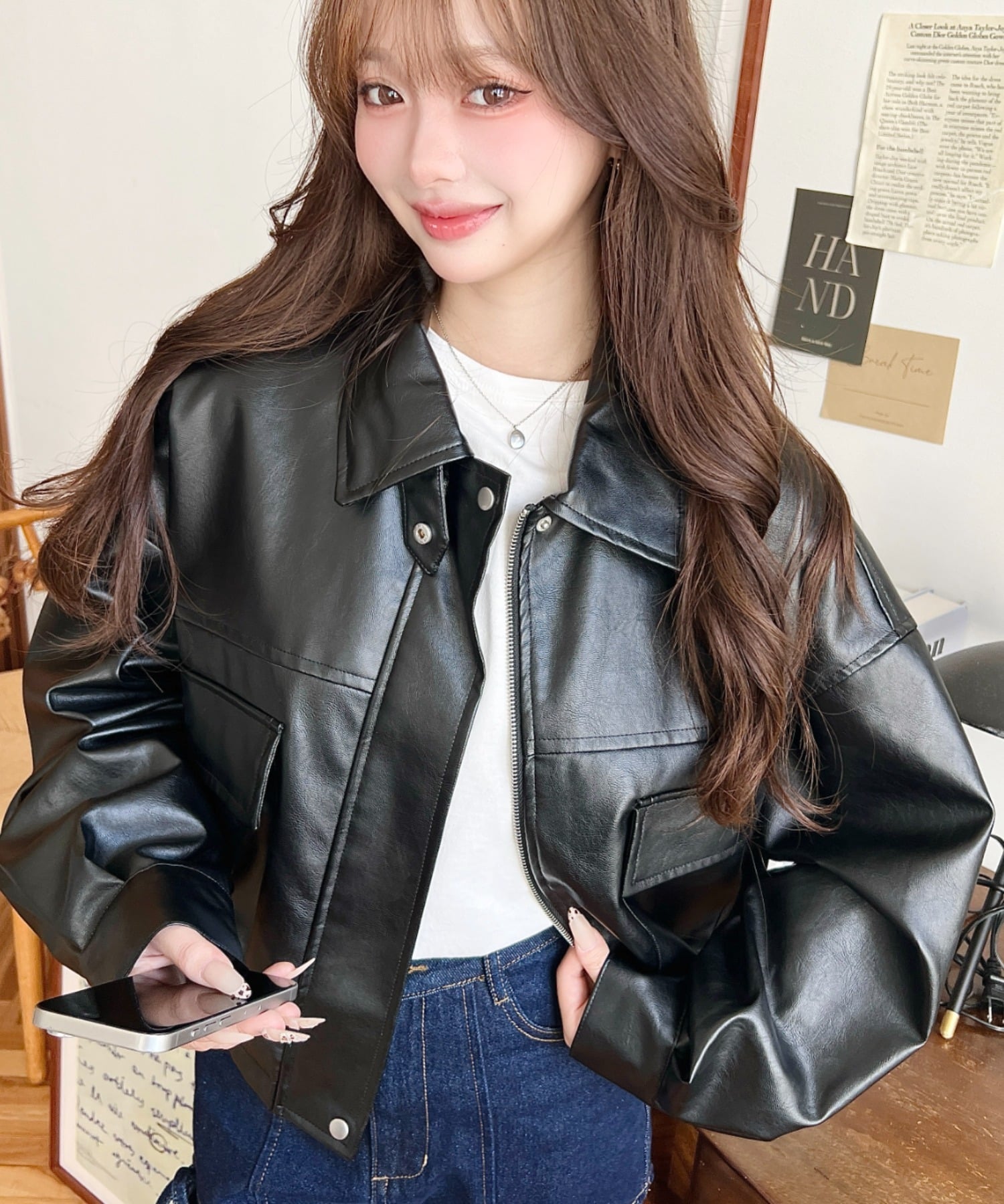 moment+｜2WAYカラーショート丈フェイクレザーブルゾン | Rakuten