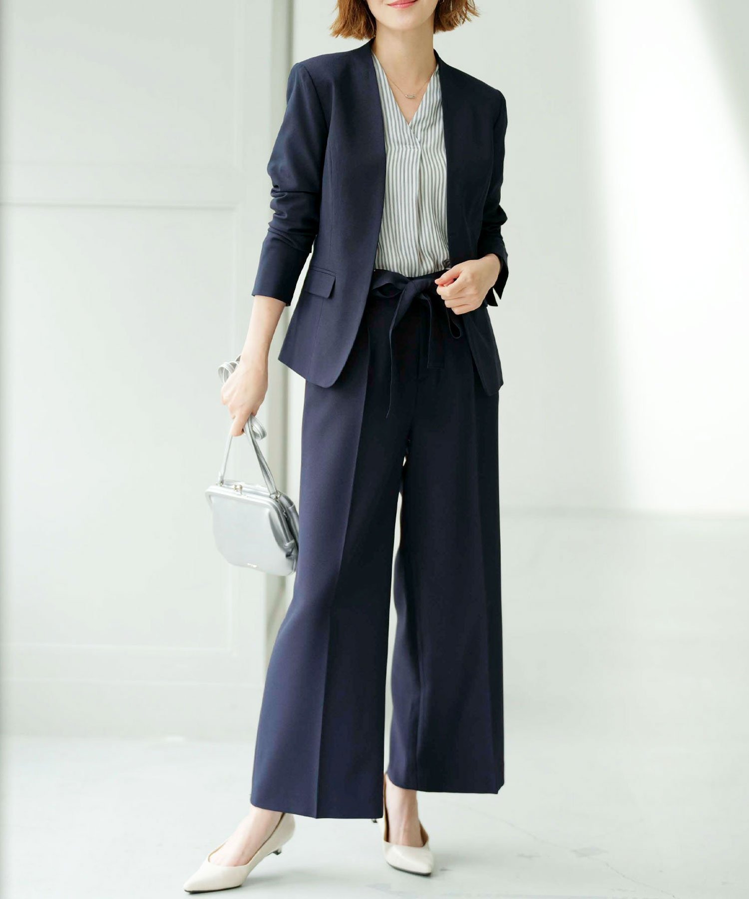 GeeRA｜【2点セットアップ】洗えるノーカラーワイドパンツスーツ