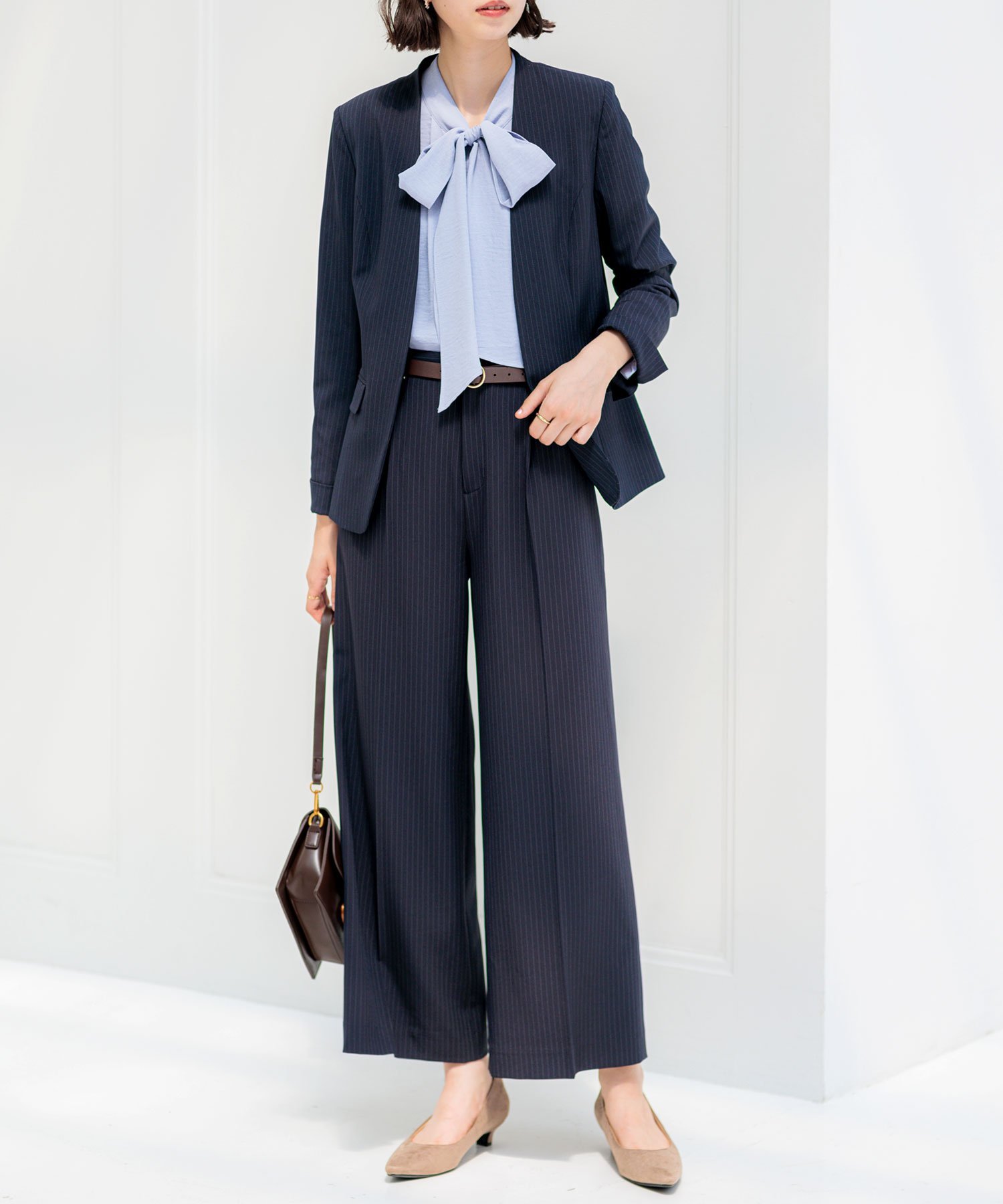 GeeRA｜【2点セットアップ】洗えるノーカラーワイドパンツスーツ