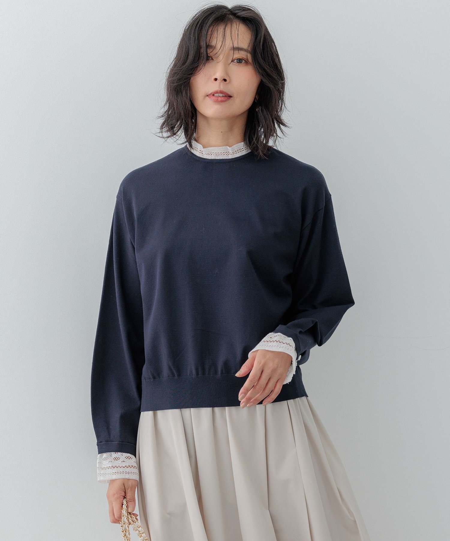 23区｜【洗える】ヴィスコースストレッチ レースコンビ ニット