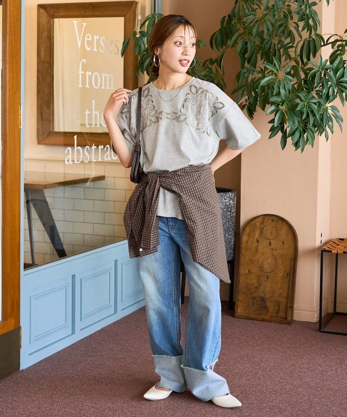 FREAK'S STORE｜花柄 カットワーク 刺繍 ルーズ 半袖 Tシャツ【限定