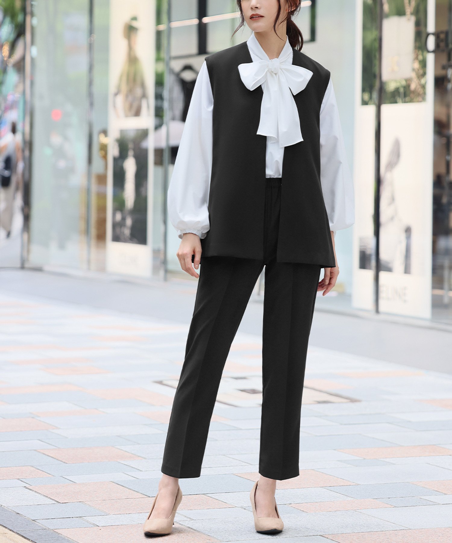 RIVER FIELD & Co.｜【3点セット】Vネックジレ・ボウタイブラウス