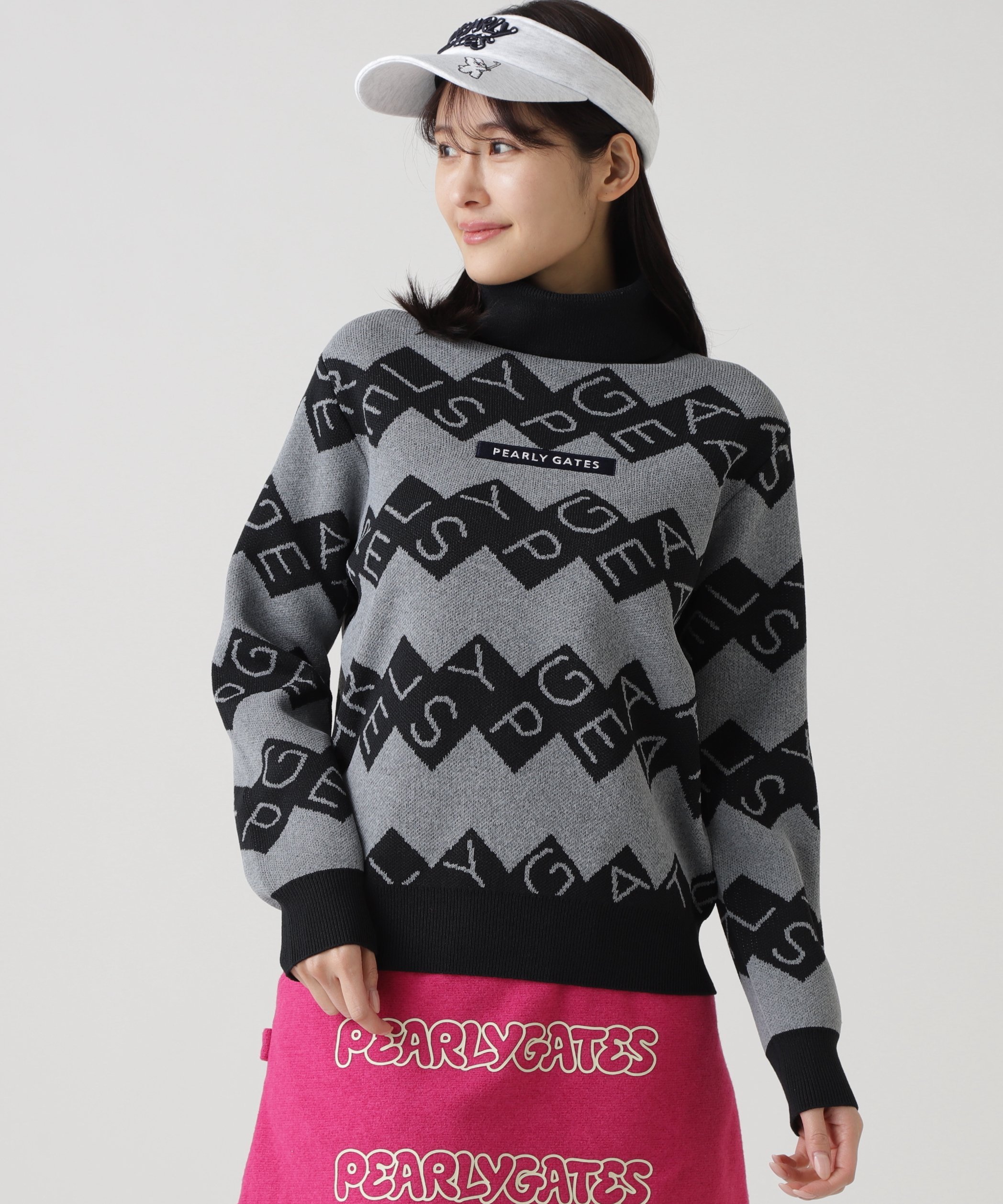 PEARLY GATES｜ダブルJQロゴギザボーダー柄タートルネックニットプル