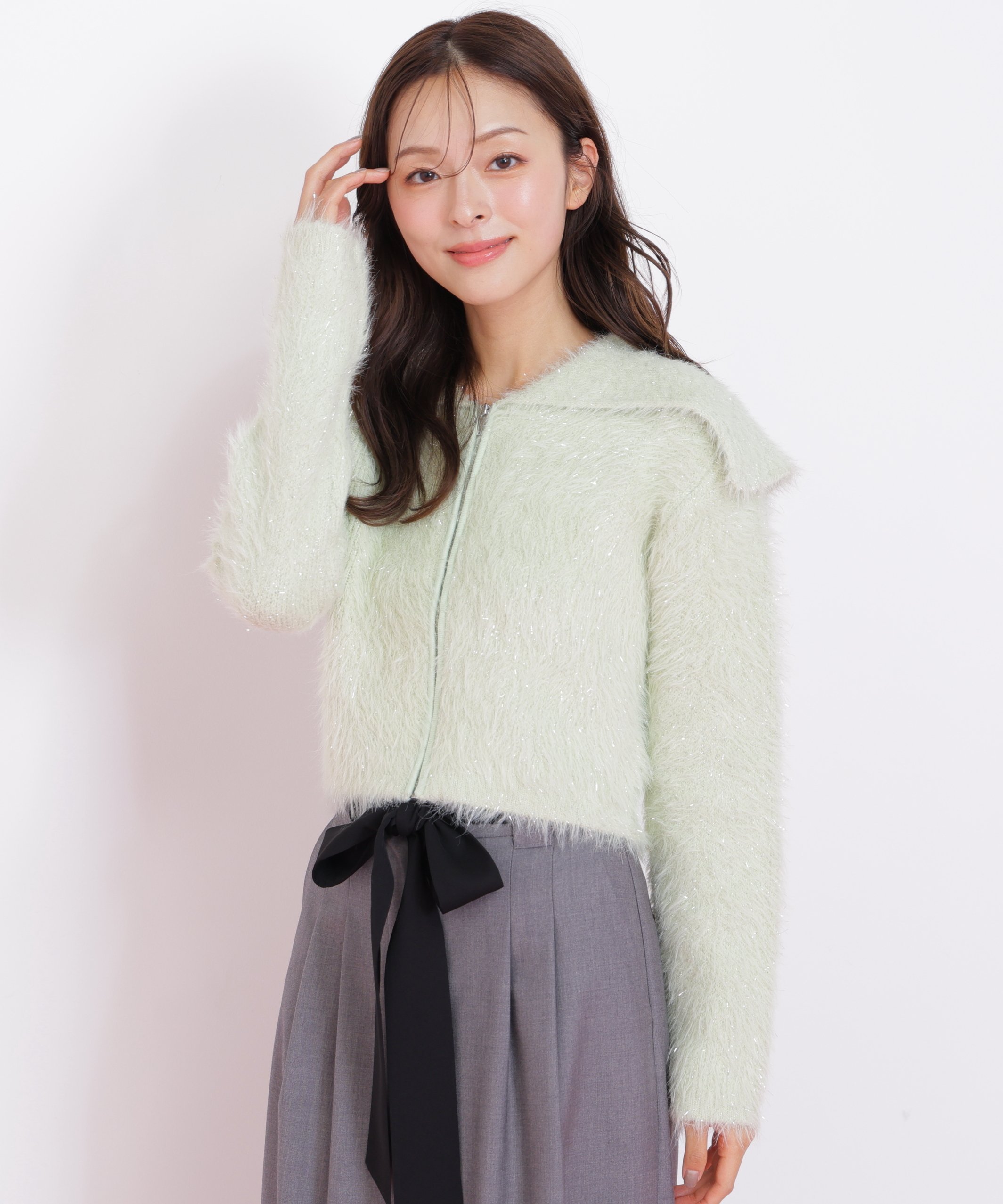 JILL by JILL STUART｜ラメフェザービッグカラーニットブルゾン