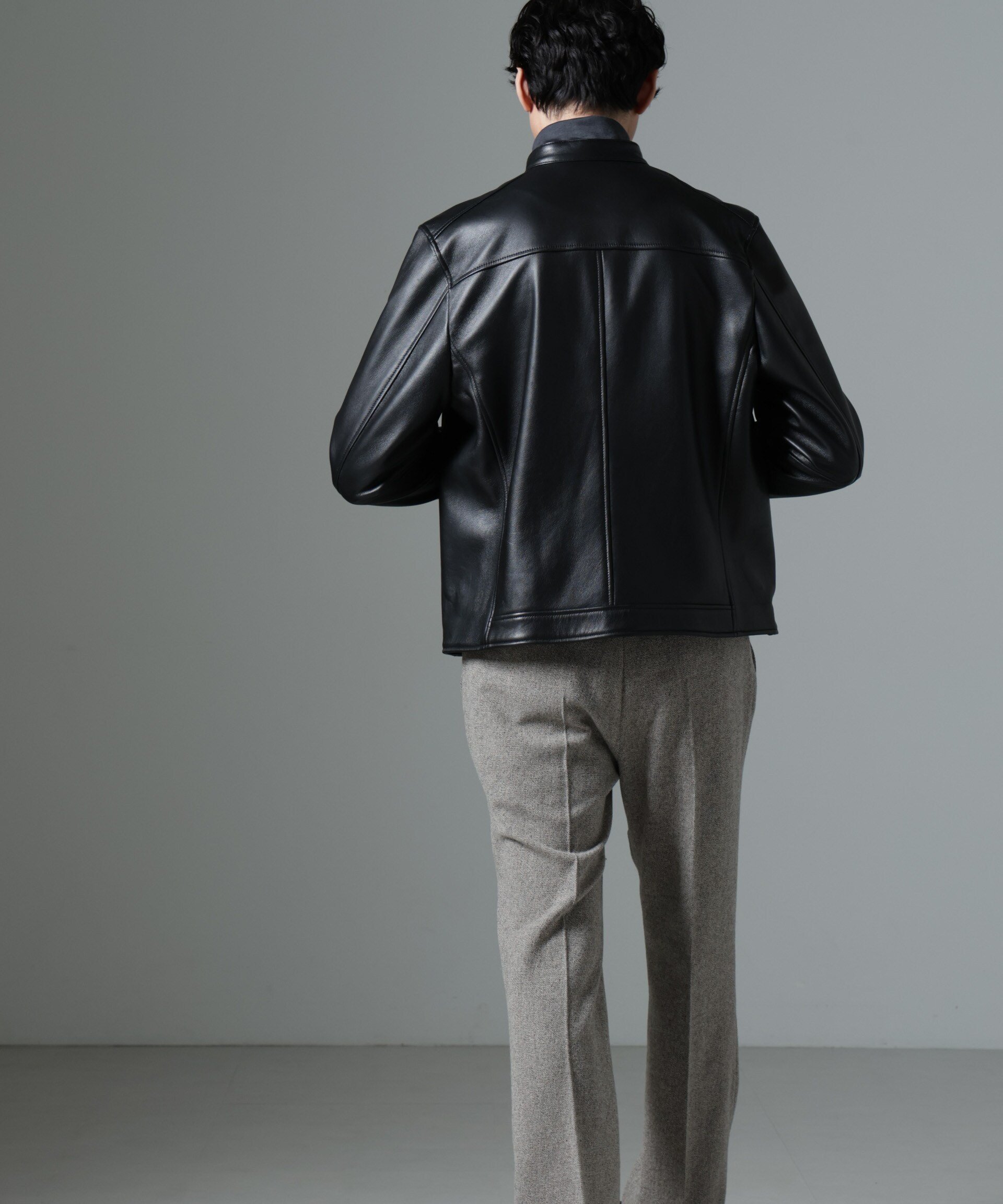 NANO universe｜バンドカラーレザーシングルライダースジャケット