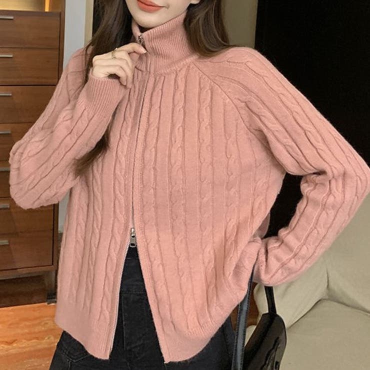 楽天市場】Achic ダブルジップ ハイネック ケーブルニット トップス