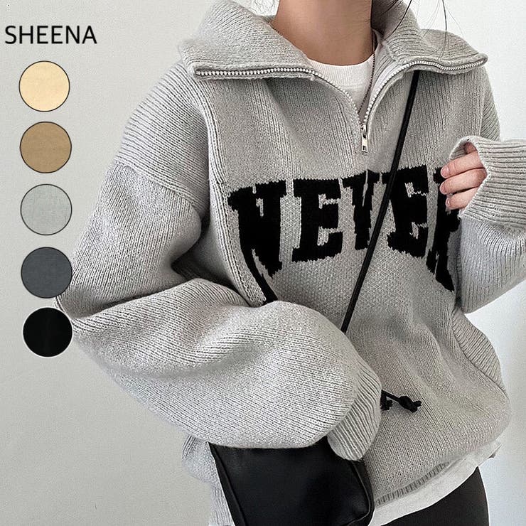 楽天市場】SHEENA NEVERロゴハーフジップニットトップス 秋 冬 韓国