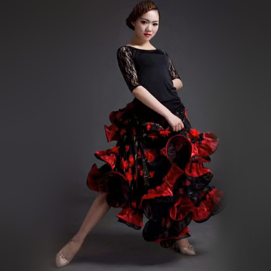 楽天市場】レディース 社交ダンススカートブラック＆レッド フリル