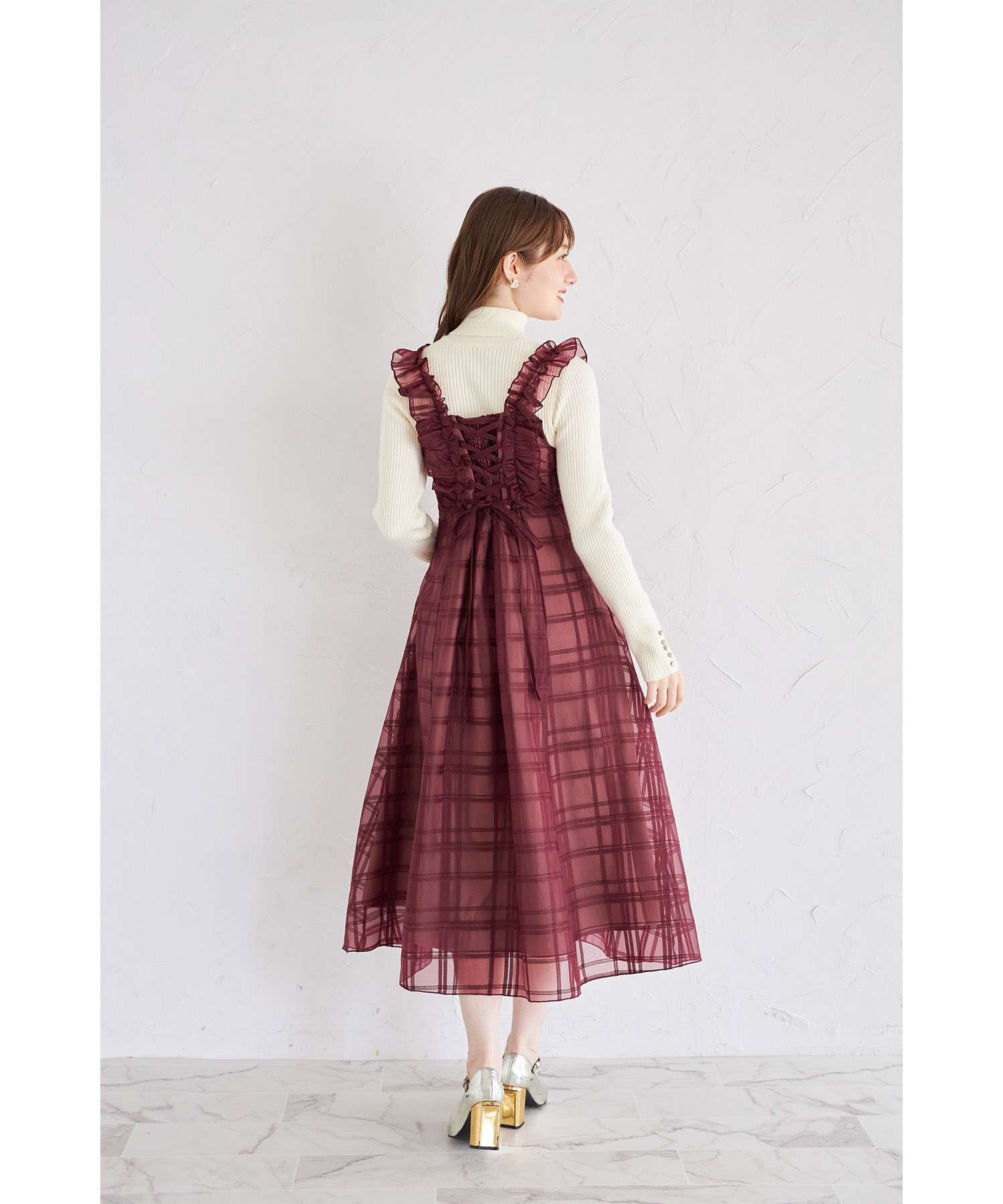 楽天市場】フリル付きバックレースアップシアーチェックワンピース