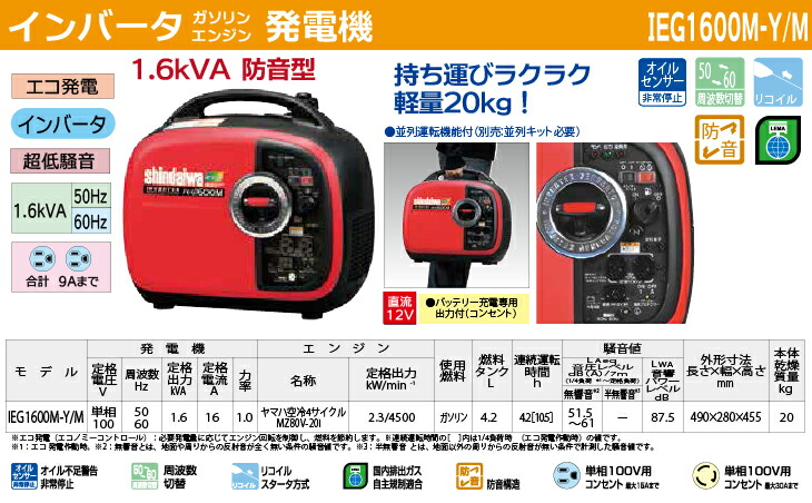 楽天市場】新ダイワ工業 インバーター発電機 IEG1600M-Y 1.6kVA