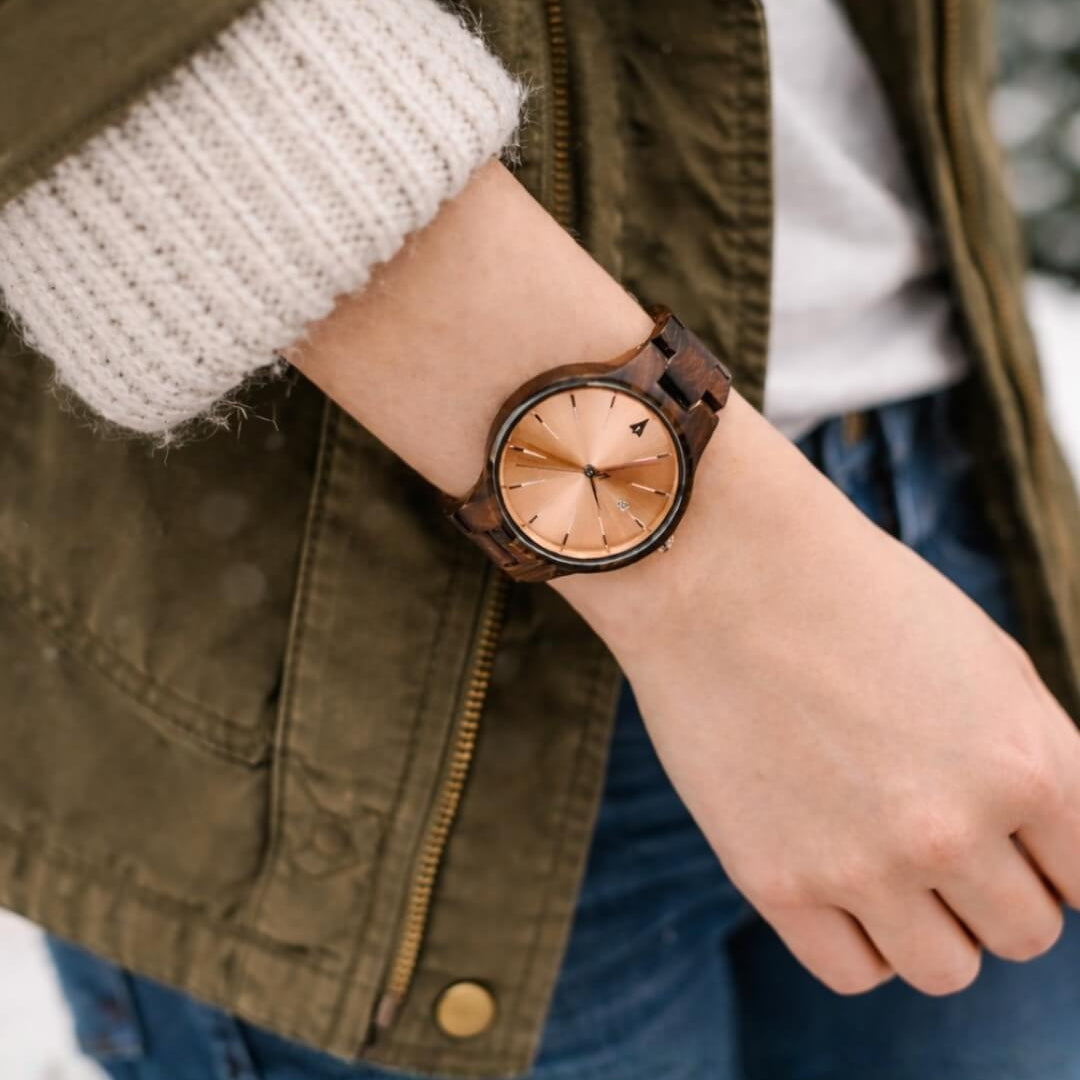 Rose Gold Watch for Women With Ebony Wood and Date Display | Treehut