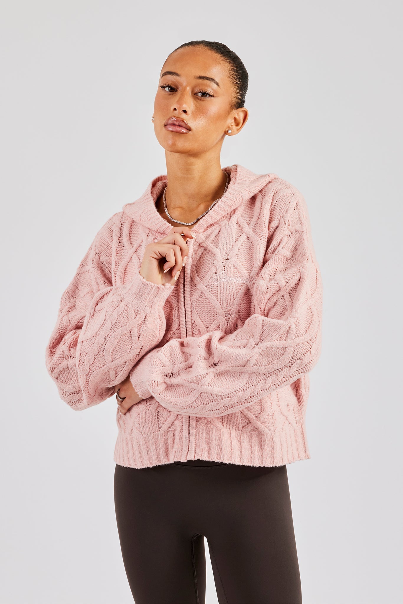 Cable Knit Zip Through Knit Hoodie - Baby Pink | Womens Knitwear