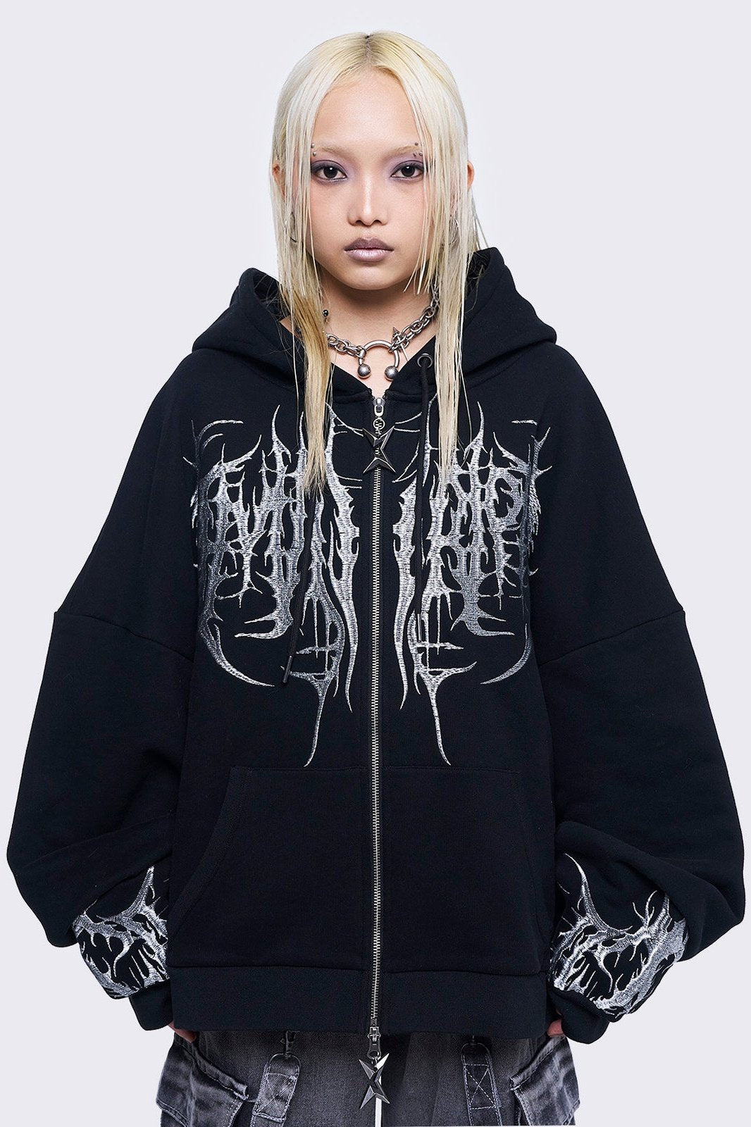 Black Zip-Up Hoodie with Sigil Embroidery | Minga London – Minga