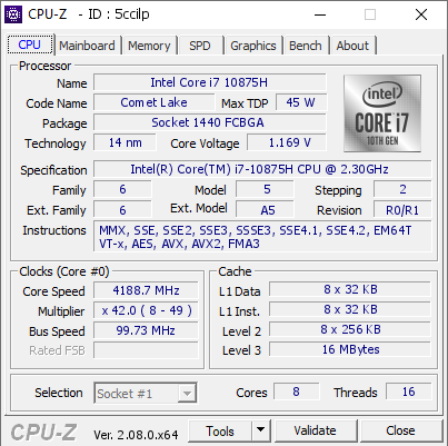 Intel Core i7 10875H @ 4188.7 MHz - CPU-Z VALIDATOR