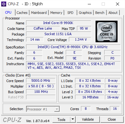 Intel Core i9 9900K @ 5000 MHz - CPU-Z VALIDATOR