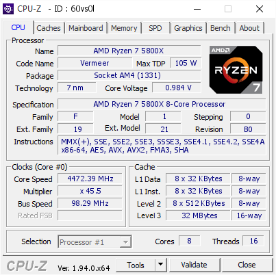 AMD Ryzen 7 5800X CPU 【動作確認済】 AMD Ryzen 7 5800X @ 4472.39