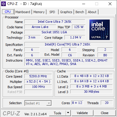 Intel Core Ultra 7 265K @ 5200 MHz - CPU-Z VALIDATOR